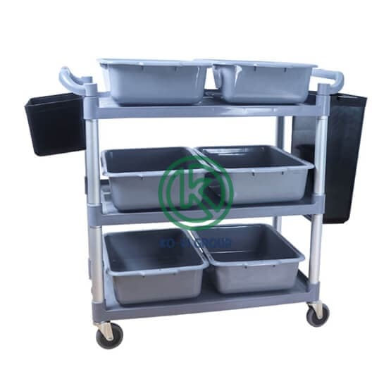 Xe đẩy đồ ăn 3 tầng có xô chứa rác bên hông, dùng trong nhà hàng